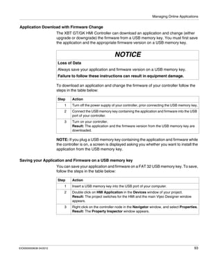 Managing Online Applications
EIO0000000638 04/2012 93
Application Download with Firmware Change
The XBT GT/GK HMI Controller can download an application and change (either
upgrade or downgrade) the firmware from a USB memory key. You must first save
the application and the appropriate firmware version on a USB memory key.
To download an application and change the firmware of your controller follow the
steps in the table below:
NOTE: If you plug a USB memory key containing the application and firmware while
the controller is on, a screen is displayed asking you whether you want to install the
application from the USB memory key.
Saving your Application and Firmware on a USB memory key
You can save your application and firmware on a FAT 32 USB memory key. To save,
follow the steps in the table below:
NOTICE
Loss of Data
Always save your application and firmware version on a USB memory key.
Failure to follow these instructions can result in equipment damage.
Step Action
1 Turn off the power supply of your controller, prior connecting the USB memory key.
2 Connect the USB memory key containing the application and firmware into the USB
port of your controller.
3 Turn on your controller.
Result: The application and the firmware version from the USB memory key are
downloaded.
Step Action
1 Insert a USB memory key into the USB port of your computer.
2 Double click on HMI Application in the Devices window of your project.
Result: The project switches for the HMI and the main Vijeo Designer window
appears.
3 Right click on the controller node in the Navigator window, and select Properties.
Result: The Property Inspector window appears.
 