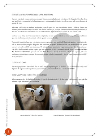 5
ONGCãoSemDonodeProteçãoAnimal
VETERINÁRIO RESPONSÁVEL PELO CANIL MUNICIPAL
Durante o período em que estivemos no canil fomos acompanhados pelo veterinário Dr. Leandro Carvalho Reis,
que também é o responsável pelo funcionamento e administração de toda a área, bem como pelo procedimento de
adoção de cães.
Não cabe a nós criticar nenhum profissional, seja ele qual for, mas estranhamos muito a falta de clareza nas
informações solicitadas sobre a eutanásia nos animais, medicação, doenças comuns e também quanto à alimentação
dos cães. O veterinário demonstrou não ter conhecimento algum do manejo correto de cães em um canil.
Embora nossa visita não tivesse caráter investigatório, mesmo porque não é de nossa competência, acreditamos
que este profissional poderia ser mais solicito quanto às nossas dúvidas.
Também é inaceitável que um veterinário, como responsável por um Canil Municipal, aceite a entrada de cães
sem as devidas condições para abrigá-los. Em entrevista ao portal “Manhuaçu.com” ele declarou que em apenas
um mês (setembro/2013) um número de 78 animais foram capturados, e que somados aos abandonos chegou a
100 deles dando entrada em um espaço que mal comporta 50 cães. Aceitando isso ele feriu o Código de Ética
do Médico Veterinário que diz em seu Art. 8º que é dever do médico veterinário “Apontar falhas nos
regulamentos, procedimentos e normas das instituições em que trabalhe, comunicando o fato aos órgãos competentes e ao CRMV
de sua jurisdição.”
CLÍNICA DO CANIL
Não há equipamentos adequados, não há soro, não há suportes para os mesmos e o local também serve como
depósito de papeis e outros pertences, que contraria a portaria da FUNASA e normas do CFMV.
COMPARATIVO DE FOTOS/PÓS-OPERATÓRIO
A foto da esquerda é do dia 14 de fevereiro. A foto da direita é do dia 21 de fevereiro. Não houve recuperação dos
animais, o que nos causa certa estranheza.
Foto de Isabelle Villefort Carneiro. Foto de Vicente Define/Cão Sem Dono
 