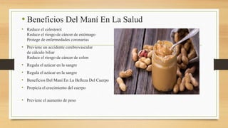• Beneficios Del Maní En La Salud
• Reduce el colesterol
Reduce el riesgo de cáncer de estómago
Protege de enfermedades coronarias
• Previene un accidente cerebrovascular
de cálculo biliar
Reduce el riesgo de cáncer de colon
• Regula el azúcar en la sangre
• Regula el azúcar en la sangre
• Beneficios Del Maní En La Belleza Del Cuerpo
• Propicia el crecimiento del cuerpo
• Previene el aumento de peso
 