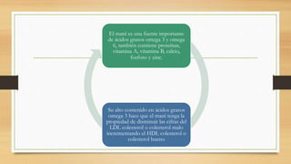 El maní es una fuente importante
de ácidos grasos omega 3 y omega
6, también contiene proteínas,
vitamina A, vitamina B, calcio,
fosforo y zinc.
Su alto contenido en ácidos grasos
omega 3 hace que el maní tenga la
propiedad de disminuir las cifras del
LDL colesterol o colesterol malo
incrementando el HDL colesterol o
colesterol bueno
 
