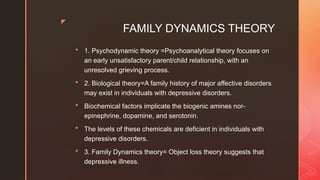 z
FAMILY DYNAMICS THEORY
 1. Psychodynamic theory =Psychoanalytical theory focuses on
an early unsatisfactory parent/child relationship, with an
unresolved grieving process.
 2. Biological theory=A family history of major affective disorders
may exist in individuals with depressive disorders.
 Biochemical factors implicate the biogenic amines nor-
epinephrine, dopamine, and serotonin.
 The levels of these chemicals are deficient in individuals with
depressive disorders.
 3. Family Dynamics theory= Object loss theory suggests that
depressive illness.
 