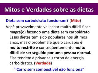 Mitos e Verdades sobre as dietas
Dieta sem carboidrato funcionam? (Mito)
Você provavelmente vai achar muito difícil ficar
magra(o) fazendo uma dieta sem carboidrato.
Essas dietas têm sido populares nos últimos
anos, mas o problema é que o cardápio é
muito restrito e conseqüentemente muito
difícil de ser seguido por uma pessoa normal.
Elas tendem a privar seu corpo de energia
carboidratos. (Verdade)
“ Carro sem combustível não funciona”
 