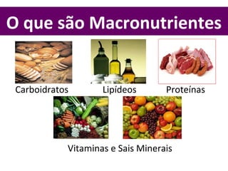 O que são Macronutrientes
Carboidratos Lipídeos Proteínas
Vitaminas e Sais Minerais
 
