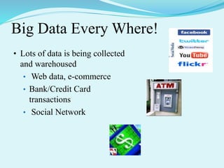 • Lots of data is being collected
and warehoused
• Web data, e-commerce
• Bank/Credit Card
transactions
• Social Network
Big Data Every Where!
 