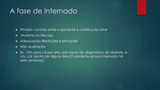 A fase de internado
 Primeiro contato entre o paciente e a instituição total
 Mutismo ou Recusa.
 Adequação; Restrições e privações
 Não aceitação
 Ex.: Vim para cá por erro, por causa de diagnostico de diabete, e
vou sair dentro de alguns dias.(O paciente estava internado há
sete semanas.)
 