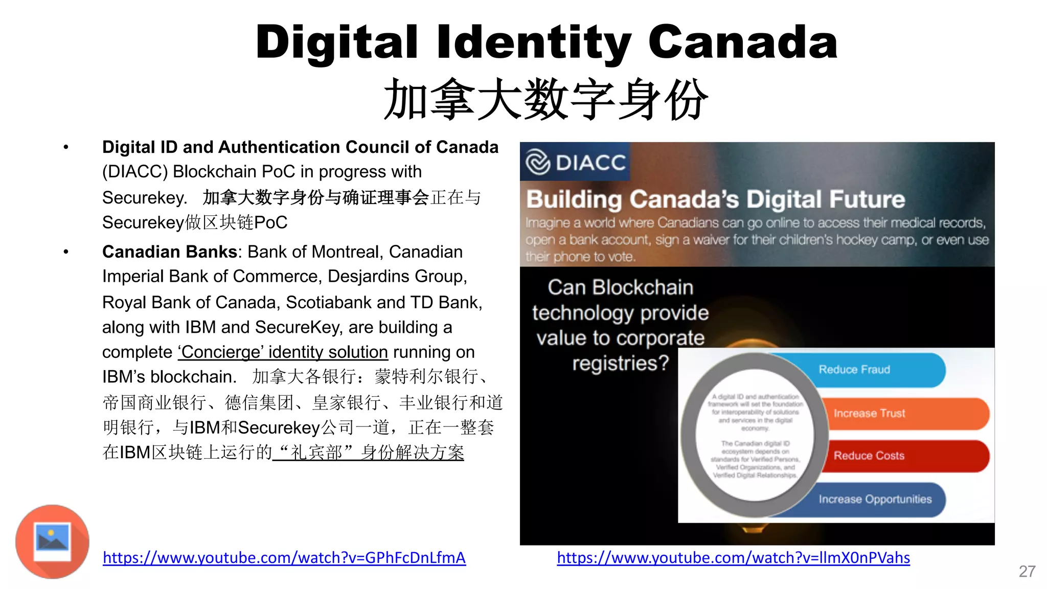 • Digital ID and Authentication Council of Canada
(DIACC) Blockchain PoC in progress with
Securekey.
Securekey PoC
• Canadian Banks: Bank of Montreal, Canadian
Imperial Bank of Commerce, Desjardins Group,
Royal Bank of Canada, Scotiabank and TD Bank,
along with IBM and SecureKey, are building a
complete ‘Concierge’ identity solution running on
IBM’s blockchain.
IBM Securekey
IBM
https://www.youtube.com/watch?v=GPhFcDnLfmA https://www.youtube.com/watch?v=llmX0nPVahs
Digital Identity Canada
27
 
