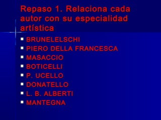 Repaso 1. Relaciona cada
autor con su especialidad
artística
   BRUNELELSCHI
   PIERO DELLA FRANCESCA
   MASACCIO
   BOTICELLI
   P. UCELLO
   DONATELLO
   L. B. ALBERTI
   MANTEGNA
 