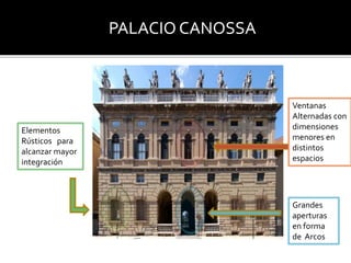 Elementos
Rústicos para
alcanzar mayor
integración
Grandes
aperturas
en forma
de Arcos
Ventanas
Alternadas con
dimensiones
menores en
distintos
espacios
PALACIO CANOSSA
 
