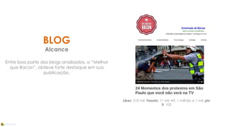 BLOG
Alcance
Entre boa parte dos blogs analisados, o “Melhor
que Bacon”, obteve forte destaque em sua
publicação.
Likes: 510 mil; Tweets: 11 mil; +1: 1 milhão e 1 mil; pin
it: 103
 
