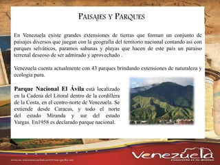 PAISAJES Y PARQUES
En Venezuela existe grandes extensiones de tierras que forman un conjunto de
paisajes diversos que juegan con la geografía del territorio nacional contando así con
parques selváticos, paramos sabanas y playas que hacen de este país un paraíso
terrenal deseoso de ser admirado y aprovechado .
Venezuela cuenta actualmente con 43 parques brindando extensiones de naturaleza y
ecología pura.
Parque Nacional El Ávila está localizado
en la Cadena del Litoral dentro de la cordillera
de la Costa, en el centro-norte de Venezuela. Se
extiende desde Caracas, y todo el norte
del estado Miranda y sur del estado
Vargas. En1958 es declarado parque nacional.
 