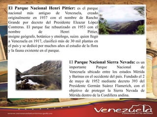 El Parque Nacional Henri Pittier: es el parque
nacional más antiguo de Venezuela, creado
originalmente en 1937 con el nombre de Rancho
Grande por decreto del Presidente Eleazar López
Contreras. El parque fue rebautizado en 1953 con el
nombre de Henri Pittier,
insigne geógrafo, botánico y etnólogo, suizo. quien llegó
a Venezuela en 1917, clasificó más de 30 mil plantas en
el país y se dedicó por muchos años al estudio de la flora
y la fauna existente en el parque.
El Parque Nacional Sierra Nevada: es un
importante Parque Nacional de
Venezuela ubicado entre los estados Mérida
y Barinas en el occidente del país. Fundado el 2
de mayo de 1952 mediante decreto 393 del
Presidente Germán Suárez Flamerich, con el
objetivo de proteger la Sierra Nevada de
Mérida dentro de la Cordillera andina.
 