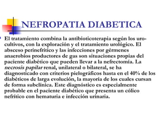 NEFROPATIA DIABETICA <ul><li>El tratamiento combina la antibioticoterapia según los uro-cultivos,   con la exploración y e...