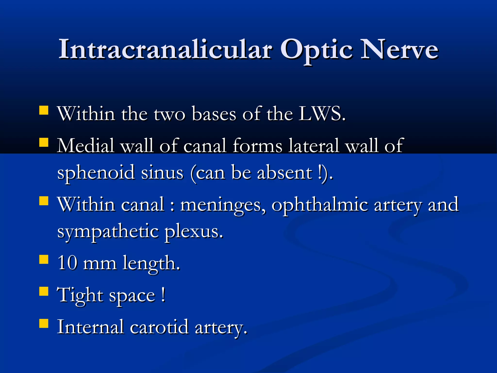 Intracranalicular Optic NerveIntracranalicular Optic Nerve
 Within the two bases of the LWS.Within the two bases of the LWS.
 Medial wall of canal forms lateral wall ofMedial wall of canal forms lateral wall of
sphenoid sinus (can be absent !).sphenoid sinus (can be absent !).
 Within canal : meninges, ophthalmic artery andWithin canal : meninges, ophthalmic artery and
sympathetic plexus.sympathetic plexus.
 10 mm length.10 mm length.
 Tight space !Tight space !
 Internal carotid artery.Internal carotid artery.
 