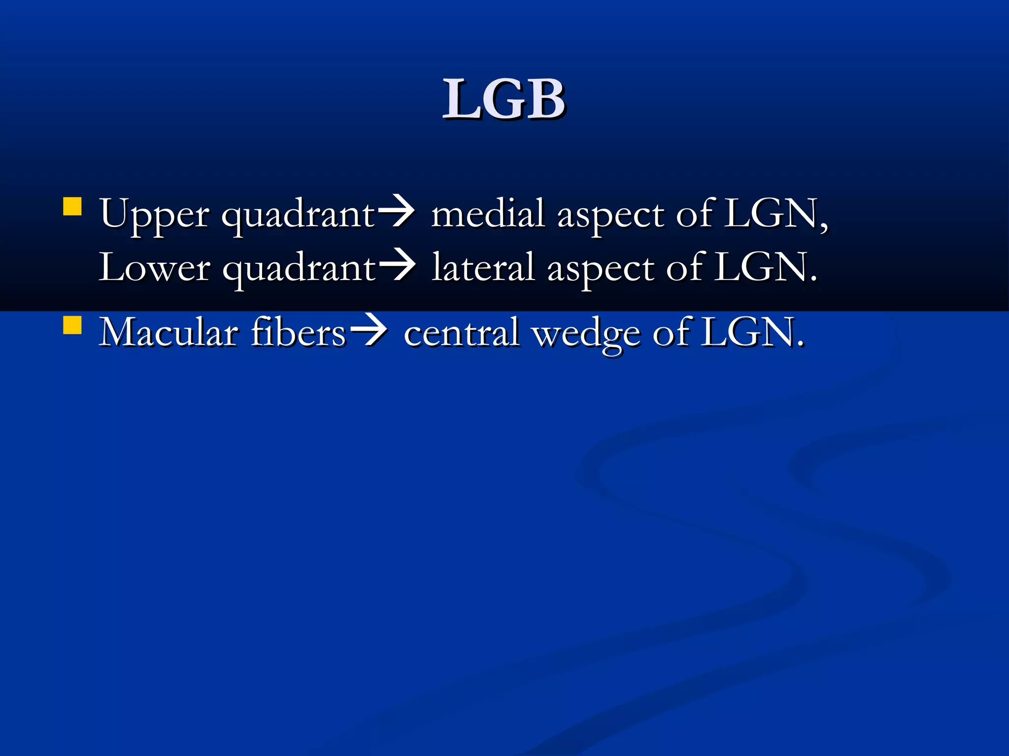 LGBLGB
 Upper quadrantUpper quadrant medial aspect of LGN,medial aspect of LGN,
Lower quadrantLower quadrant lateral aspect of LGN.lateral aspect of LGN.
 Macular fibersMacular fibers central wedge of LGN.central wedge of LGN.
 