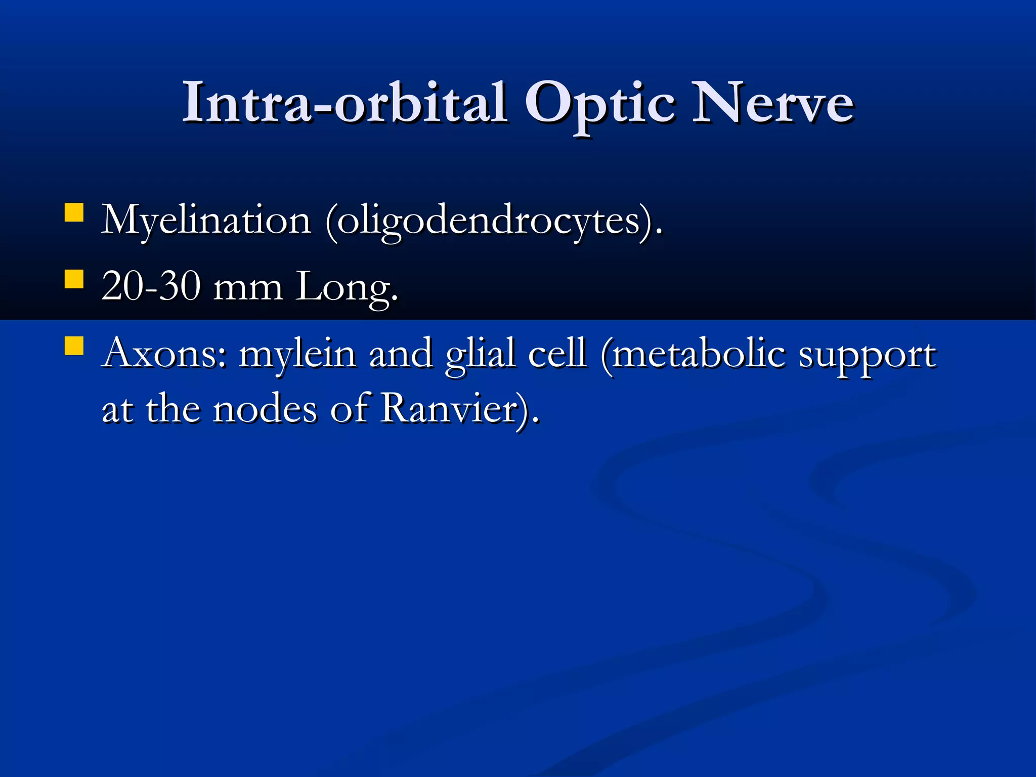 Intra-orbital Optic NerveIntra-orbital Optic Nerve
 Myelination (oligodendrocytes).Myelination (oligodendrocytes).
 20-30 mm Long.20-30 mm Long.
 Axons: mylein and glial cell (metabolic supportAxons: mylein and glial cell (metabolic support
at the nodes of Ranvier).at the nodes of Ranvier).
 