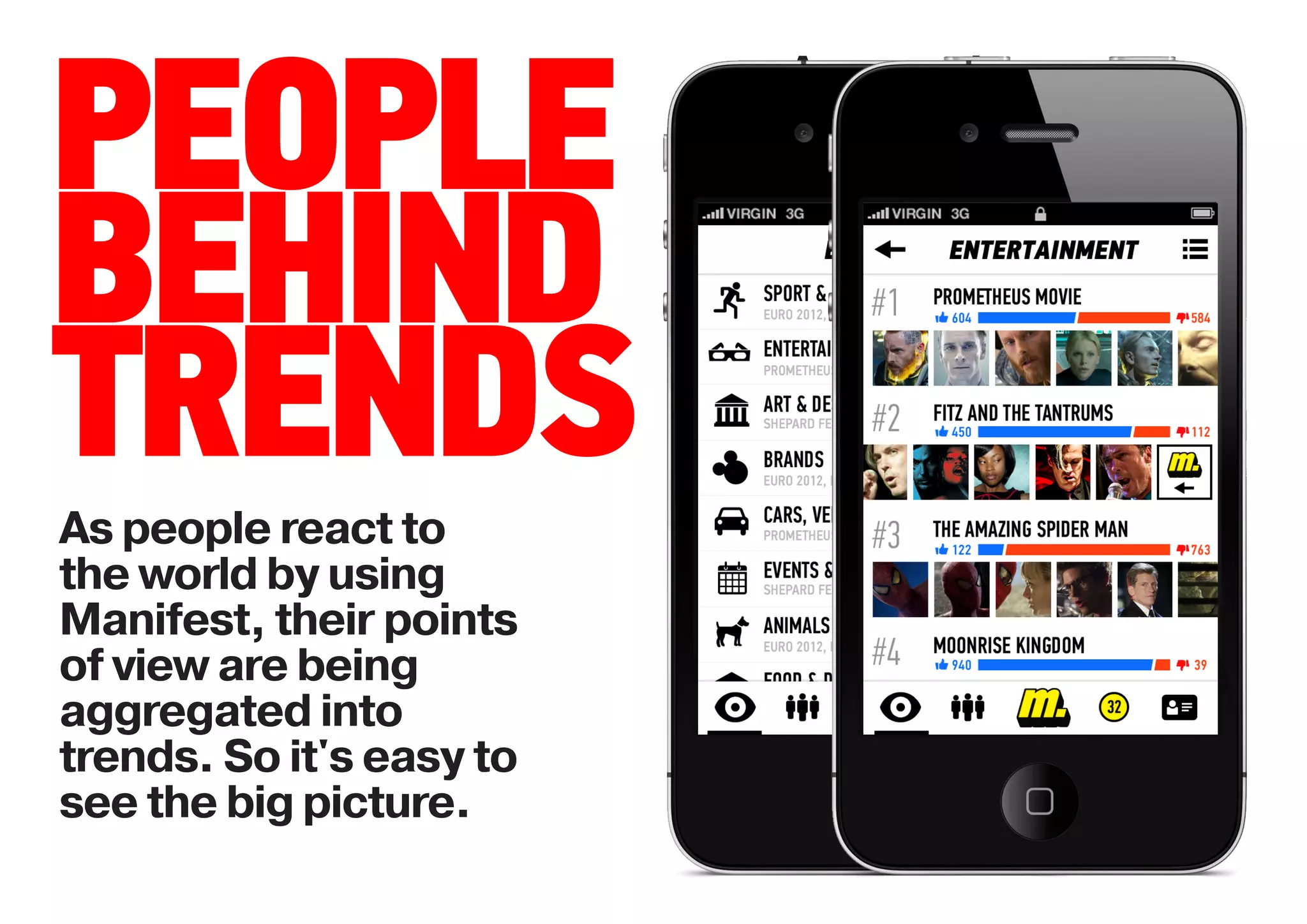 As people react to

PEOPLE                    things around using
                          Manifest, their
                          points of view are

BEHIND                    being categorized
                          and aggregated into


TRENDS
                          trends. So that it is
                          easy to see the big
                          picture.
As people react to
the world by using
Manifest, their points
of view are being
aggregated into
trends. So it's easy to
see the big picture.
 