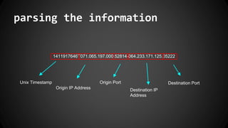 parsing the information
1411917646T071.065.197.000.52814-064.233.171.125.05222
Unix Timestamp
Origin IP Address
Origin Port
Destination IP
Address
Destination Port
 