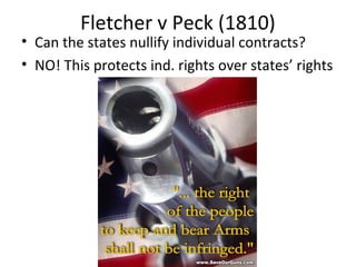 Fletcher v Peck (1810)
• Can the states nullify individual contracts?
• NO! This protects ind. rights over states’ rights
 