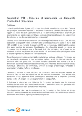 Proposition N°15 : Redéfinir et harmoniser les dispositifs
d’incitation à l’innovation
Problèmes :
Le baromètre EY/France Digitale 2016 nous a montré une nouvelle fois à quel point l’arsenal
des politiques publiques françaises à l’innovation manquait de cohérence et d’efficacité par
rapport à la réalité des start-ups numériques. Si l’on s’en tient aux chiffres du baromètre, on
pourrait croire que les start-ups numériques sont des entreprises déployant des programmes
de recherche et non des jeunes entreprises innovantes !
En effet, 68% d’entre elles ont demandé un Crédit Impôt Recherche en 2015 (77% en 2014)
plébiscitant ce dispositif, contre seulement 53% qui ont déclaré avoir le statut de JEI en 2015
(46% en 2014) et une minorité de seulement 17% ont eu recours au Crédit Impôt Innovation.
Une autre manière de constater l’inadéquation des dispositifs actuels en faveur de
l’innovation, est de rappeler que si Facebook était née en France, elle n’aurait pas pu
bénéficier du statut JEI pendant ses jeunes années car la société n’aurait pas toujours atteint
le ratio de dépenses R&D nécessaire à son obtention !
Ces chiffres contre-intuitifs sont en fait le résultat d’une politique publique à l’innovation qui
n’a pas réussi à embrasser la mue numérique. Celle-ci a été très bien décortiquée par
Bpifrance dans son guide sur l’innovation nouvelle génération qui montre que les 6
dimensions suivantes constituent désormais le nouveau référentiel de l’innovation à l’ère du
numérique : 1/Marketing et commercial, 2/Produit et usage, 3/Technologie, 4/Procédé et
organisation, 5/Modèle d’affaires et 6/Sociale.
L’application de cette nouvelle définition de l’innovation dans les analyses menées par
Bpifrance a eu un effet très significatif sur les start-ups numériques : 37% d’entre elles
déclaraient en 2014 bénéficier d’une subvention de Bpifrance dans le baromètre EY/France
Digitale contre 51% en 2015 soit une augmentation de presque 40%...
Si Bpifrance a désormais une définition de l’innovation pertinente pour les start-ups
numériques, elle diffère de la définition nécessaire à l’obtention du statut JEI, qui diffère elle-
même de celle utilisée pour le Crédit Impôt Innovation.
Ces dissonances créent de la complexité et de l’incohérence dans l’efficacité de ces
dispositifs les uns par rapport aux autres, et il est essentiel de les rationaliser rapidement afin
d’améliorer l’efficacité de la politique d’innovation globale.
26
 