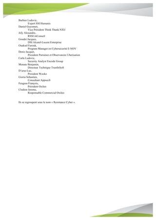 Barbier Ludovic,
Expert SSI Humanis
Daniel Guyonnet,
Vice Président Think Thank NXU
Joly Alexandre,
RSSI itiConseil
Goudet Jacques,
DSI Alcatel-Lucent Enterprise
Ouaksel Farouk,
Program Manager en Cybersecurité E-NOV
Denis Jacquet,
President Parrainer et Observatoire Uberisation
Carla Ludovic,
Security Analyst Encode Group
Monate Benjamin,
Directeur Technique TrustInSoft
D’urso Luc,
President Wooko
Gioria Sebastien,
Consultant Appsecfr
Feugeas François,
Président Oxileo
Clodion Jerome,
Responsable Commercial Oxileo
Ils se regroupent sous le nom « Resistance Cyber ».
 