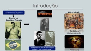 Introdução
Modernismo Brasileiro
Escrito por
Oswald de Andrade
Apregoando o uso de uma “língua
literária” “não –catequizada”.
Antropofagia
Canibalismo
(Metaforicamente)
Primitivismo
 