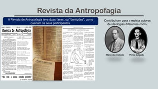 Revista da Antropofagia
A Revista de Antropofagia teve duas fases, ou "dentições", como
queriam os seus participantes.
Contribuíram para a revista autores
de ideologias diferentes como:
Mário de Andrade Plínio Salgado
 