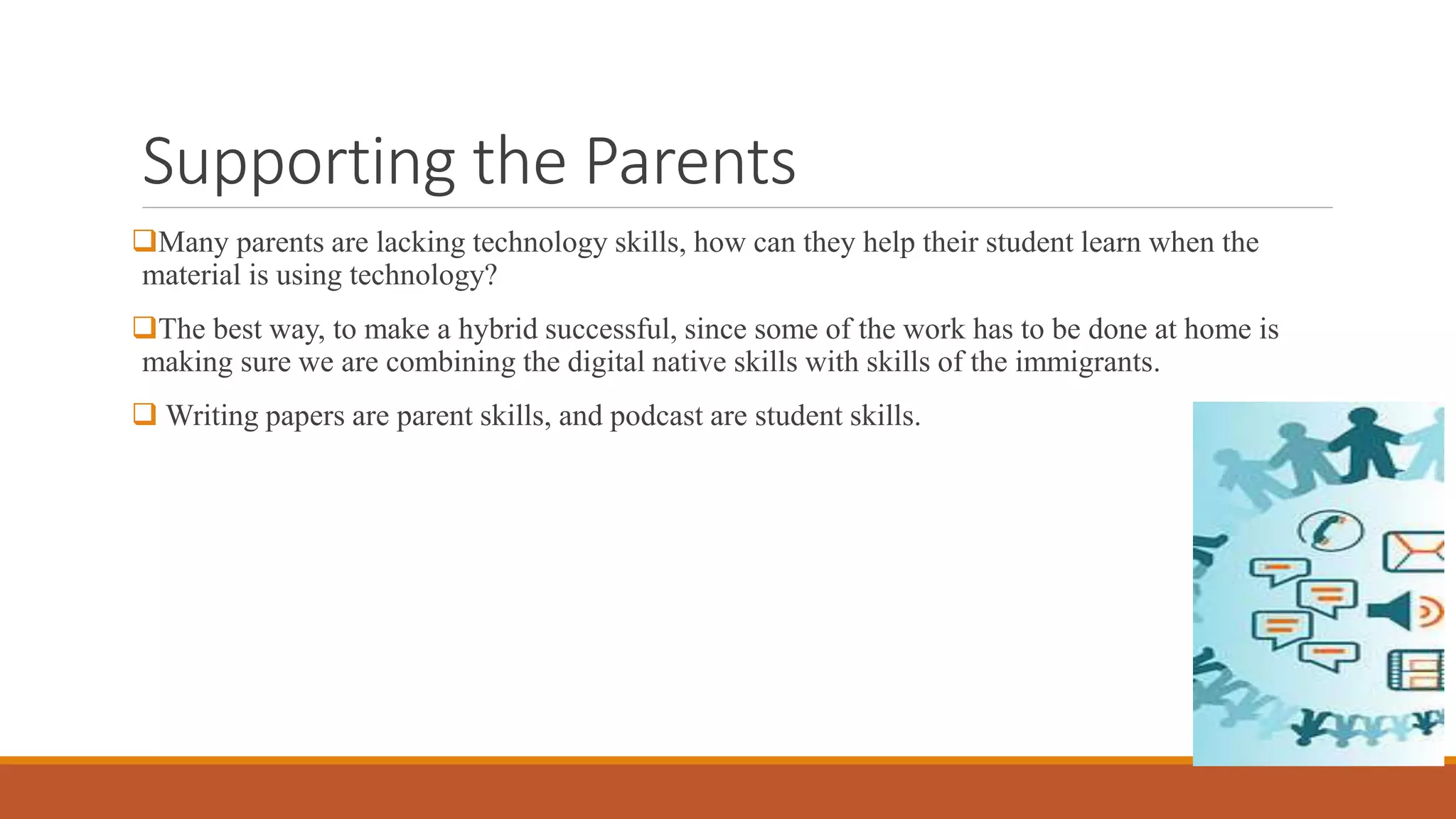 Supporting the Parents
Many parents are lacking technology skills, how can they help their student learn when the
material is using technology?
The best way, to make a hybrid successful, since some of the work has to be done at home is
making sure we are combining the digital native skills with skills of the immigrants.
 Writing papers are parent skills, and podcast are student skills.
 