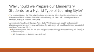 Why Should we Prepare our Elementary
Students for a Hybrid Type of Learning Style?
The National Center for Education Statistics reported that 36% of public school districts had
students enrolled in distance education courses during the 2002-2003 school year”(Black,
DiPietro , Ferdig & Preston, 2008, p.1).”
According to Angeles, of Business News daily “With technology quickly and constantly
changing, employers everywhere are looking for tech-savvy job candidates for non tech related
positions.”(Angeles, 2014).
 Digital Immigrants who did not have any pervious technology skills or training are finding it
hard to find jobs.
 We do not want to do that to our students!
 