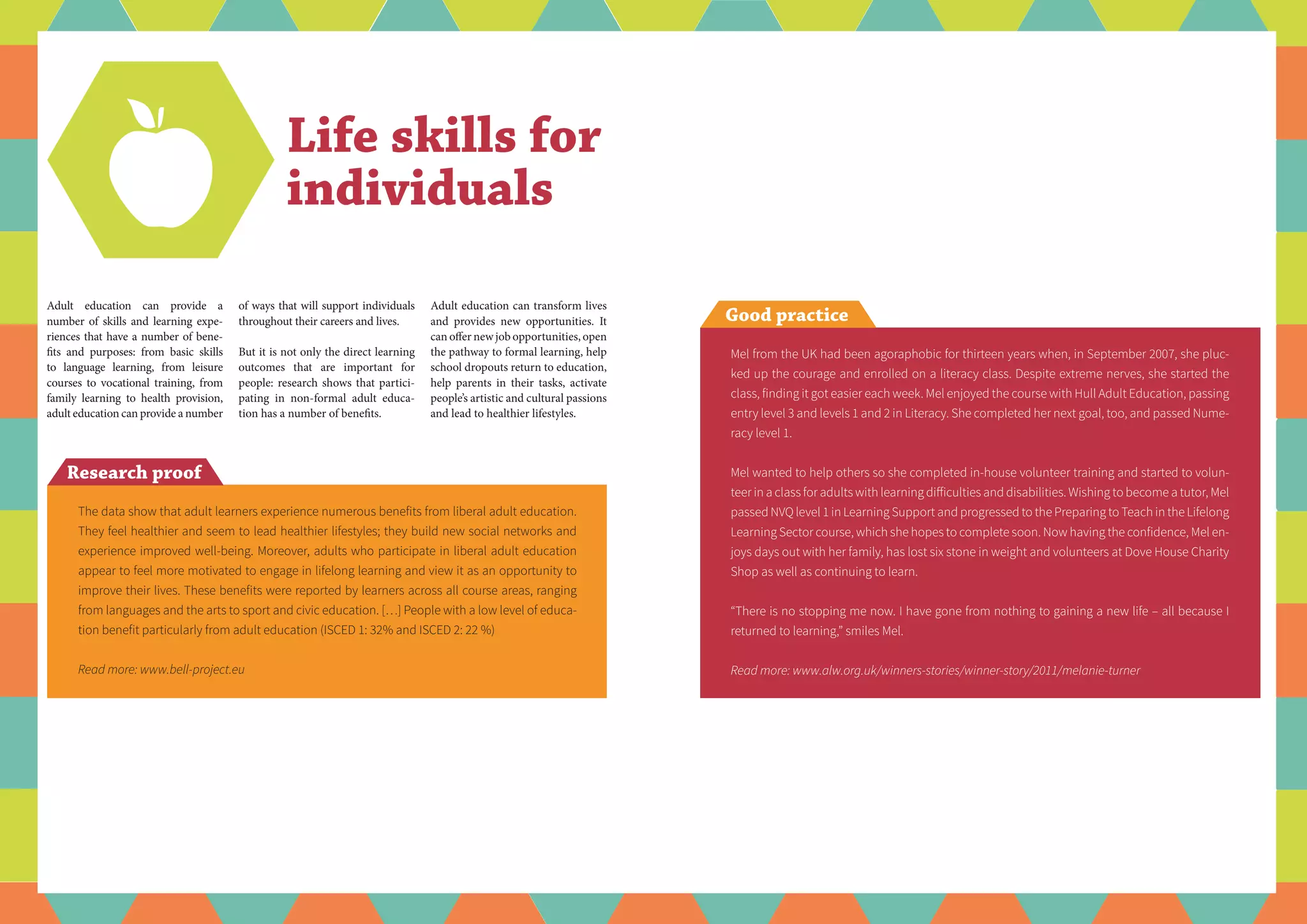 Adult education can provide a
number of skills and learning expe-
riences that have a number of bene-
fits and purposes: from basic skills
to language learning, from leisure
courses to vocational training, from
family learning to health provision,
adult education can provide a number
Life skills for
individuals
of ways that will support individuals
throughout their careers and lives.
But it is not only the direct learning
outcomes that are important for
people: research shows that partici-
pating in non-formal adult educa-
tion has a number of benefits.
Good practice
Mel from the UK had been agoraphobic for thirteen years when, in September 2007, she pluc-
ked up the courage and enrolled on a literacy class. Despite extreme nerves, she started the
class, finding it got easier each week. Mel enjoyed the course with Hull Adult Education, passing
entry level 3 and levels 1 and 2 in Literacy. She completed her next goal, too, and passed Nume-
racy level 1.
Mel wanted to help others so she completed in-house volunteer training and started to volun-
teer in a class for adults with learning difficulties and disabilities. Wishing to become a tutor, Mel
passed NVQ level 1 in Learning Support and progressed to the Preparing to Teach in the Lifelong
Learning Sector course, which she hopes to complete soon. Now having the confidence, Mel en-
joys days out with her family, has lost six stone in weight and volunteers at Dove House Charity
Shop as well as continuing to learn.
“There is no stopping me now. I have gone from nothing to gaining a new life – all because I
returned to learning,” smiles Mel.
Read more: www.alw.org.uk/winners-stories/winner-story/2011/melanie-turner
Adult education can transform lives
and provides new opportunities. It
can offer new job opportunities, open
the pathway to formal learning, help
school dropouts return to education,
help parents in their tasks, activate
people’s artistic and cultural passions
and lead to healthier lifestyles.
Research proof
The data show that adult learners experience numerous benefits from liberal adult education.
They feel healthier and seem to lead healthier lifestyles; they build new social networks and
experience improved well-being. Moreover, adults who participate in liberal adult education
appear to feel more motivated to engage in lifelong learning and view it as an opportunity to
improve their lives. These benefits were reported by learners across all course areas, ranging
from languages and the arts to sport and civic education. […] People with a low level of educa-
tion benefit particularly from adult education (ISCED 1: 32% and ISCED 2: 22 %)
Read more: www.bell-project.eu
 