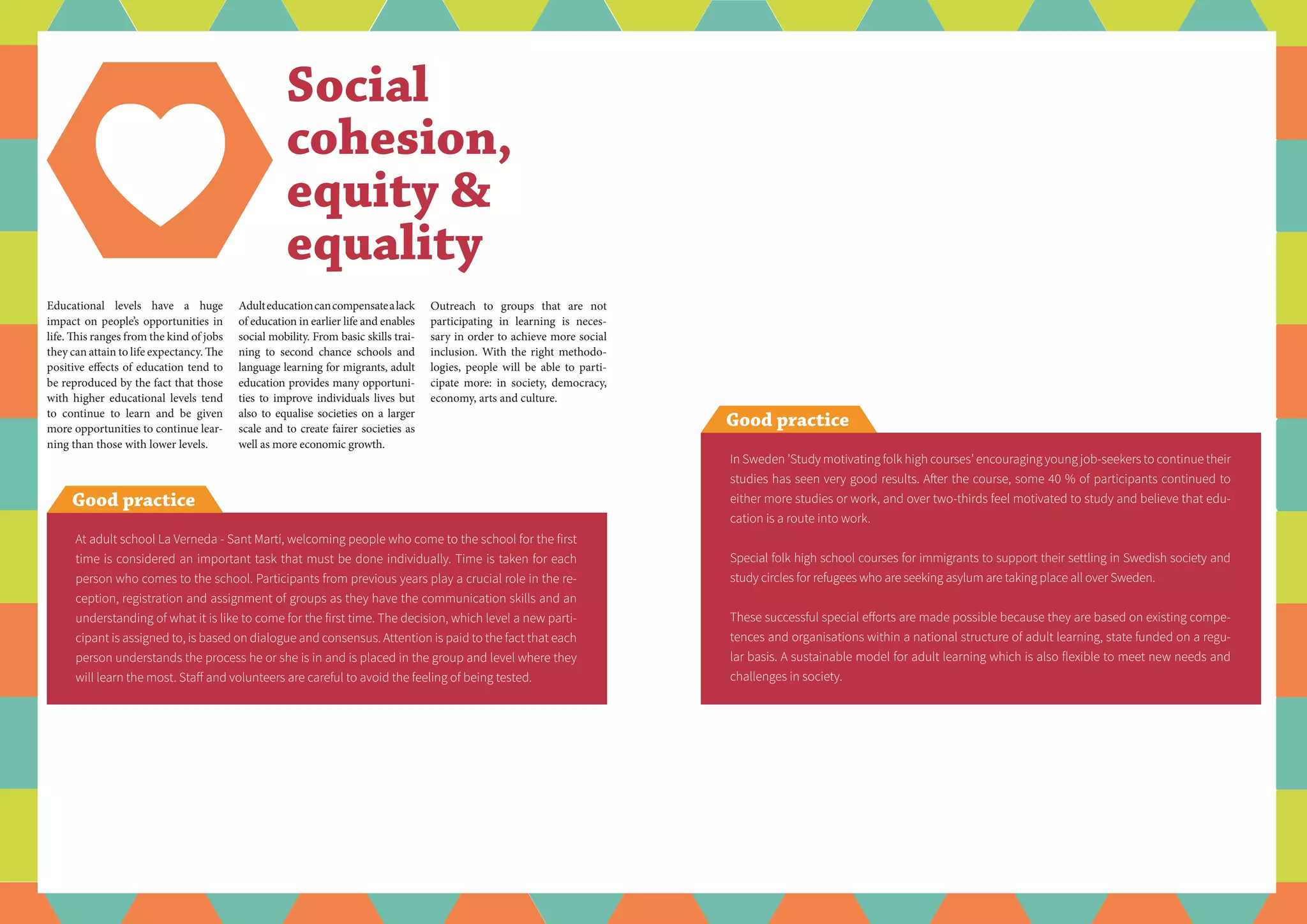 Educational levels have a huge
impact on people’s opportunities in
life. This ranges from the kind of jobs
they can attain to life expectancy. The
positive effects of education tend to
be reproduced by the fact that those
with higher educational levels tend
to continue to learn and be given
more opportunities to continue lear-
ning than those with lower levels.
Social
cohesion,
equity &
equality
Good practice
In Sweden ’Study motivating folk high courses’ encouraging young job-seekers to continue their
studies has seen very good results. After the course, some 40 % of participants continued to
either more studies or work, and over two-thirds feel motivated to study and believe that edu-
cation is a route into work.
Special folk high school courses for immigrants to support their settling in Swedish society and
study circles for refugees who are seeking asylum are taking place all over Sweden.
These successful special efforts are made possible because they are based on existing compe-
tences and organisations within a national structure of adult learning, state funded on a regu-
lar basis. A sustainable model for adult learning which is also flexible to meet new needs and
challenges in society.
Good practice
At adult school La Verneda - Sant Martí, welcoming people who come to the school for the first
time is considered an important task that must be done individually. Time is taken for each
person who comes to the school. Participants from previous years play a crucial role in the re-
ception, registration and assignment of groups as they have the communication skills and an
understanding of what it is like to come for the first time. The decision, which level a new parti-
cipant is assigned to, is based on dialogue and consensus. Attention is paid to the fact that each
person understands the process he or she is in and is placed in the group and level where they
will learn the most. Staff and volunteers are careful to avoid the feeling of being tested.
Adulteducationcancompensatealack
of education in earlier life and enables
social mobility. From basic skills trai-
ning to second chance schools and
language learning for migrants, adult
education provides many opportuni-
ties to improve individuals lives but
also to equalise societies on a larger
scale and to create fairer societies as
well as more economic growth.
Outreach to groups that are not
participating in learning is neces-
sary in order to achieve more social
inclusion. With the right methodo-
logies, people will be able to parti-
cipate more: in society, democracy,
economy, arts and culture.
 