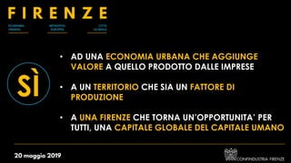 • AD UNA ECONOMIA URBANA CHE AGGIUNGE
VALORE A QUELLO PRODOTTO DALLE IMPRESE
• A UN TERRITORIO CHE SIA UN FATTORE DI
PRODUZIONE
• A UNA FIRENZE CHE TORNA UN’OPPORTUNITA’ PER
TUTTI, UNA CAPITALE GLOBALE DEL CAPITALE UMANO
SÌ
 