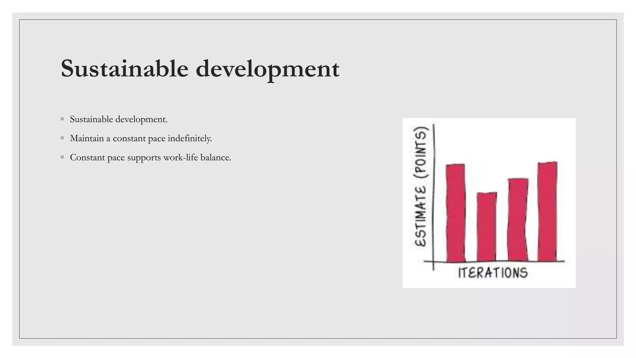 Sustainable development
◦ Sustainable development.
◦ Maintain a constant pace indefinitely.
◦ Constant pace supports work-life balance.
 