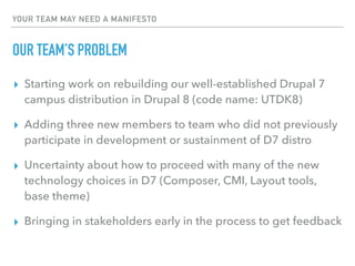 YOUR TEAM MAY NEED A MANIFESTO
OUR TEAM’S PROBLEM
▸ Starting work on rebuilding our well-established Drupal 7
campus distribution in Drupal 8 (code name: UTDK8)
▸ Adding three new members to team who did not previously
participate in development or sustainment of D7 distro
▸ Uncertainty about how to proceed with many of the new
technology choices in D7 (Composer, CMI, Layout tools,
base theme)
▸ Bringing in stakeholders early in the process to get feedback
 