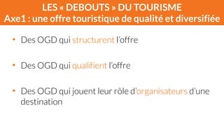 LES « DEBOUTS » DU TOURISME 
Axe1 : une offre touristique de qualité et diversifiée 
• Des OGD qui structurent l’offre 
! 
• Des OGD qui qualifient l’offre 
! 
• Des OGD qui jouent leur rôle d’organisateurs d’une 
destination 
 
