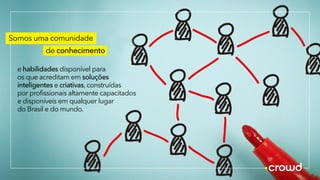 Somos uma comunidade
de conhecimento
e habilidades disponível para
os que acreditam em soluções
inteligentes e criativas, construídas
por profissionais altamente capacitados
e disponíveis em qualquer lugar
do Brasil e do mundo.
 