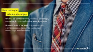 Uma rede que
vai além de cargos.
Um mix de conhecimentos, centrada na entrega,
na realização, com agilidade e valor agregado.
Nossa existência vai além dos profissionais
e empresas conectadas nos escritórios,
co-workings e coffee shops.
 