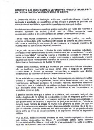 Manifesto das Defensoras e Defensores Públicos Brasileiros em Defesa do Estado Democratico de Direito
