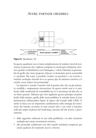 Figura 8. Quadrante A2
In questo quadrante non si tratta semplicemente di vendere, bensì di con-
vincere le persone che vogliono comprare in modo più sottilmente emo-
tivo: perché si identificano con l’immagine, i valori, l’identità, la persona-
lità di quello che viene proposto. Questo va benissimo per le automobili
e i profumi. Ma come è possibile vendere un prodotto o un servizio a
marchio ecologico facendo leva su questo tipo di attrattiva emotiva e/o
sociale, senza cadere nel greenwashing?
La risposta è: usando il marchio verde di qualcun altro, che sia già attraen-
te, credibile e ampiamente riconosciuto. In questo modo non ci si attri-
buisce delle credenziali di sostenibilità ma ci si accomuna ad altri che se
ne fanno garanti. Abbiamo già visto applicare questo principio al primo
livello della matrice, quello della scena pubblica: le aziende fanno le loro
dichiarazioni affiancandosi figure di spicco del mondo delle ONG. È
anche in linea con un importante cambiamento nella strategia di costru-
zione dei marchi, avvenuto in anni recenti (che a sua volta si inserisce
nella più ampia tendenza del marketing a passare dal dire al fare), e preci-
samente:
• dalla suggestione: utilizzare le star nella pubblicità e in altre situazioni
analoghe per creare associazioni emotive;
• alla partnership: collaborare con altri marchi (celebrità comprese) per
creare qualcosa di veramente nuovo e diverso.
AVERE PARTNER CREDIBILI
A2
Certificazione
ambientale
Cause-
related
marketingAvere partner credibili
 
