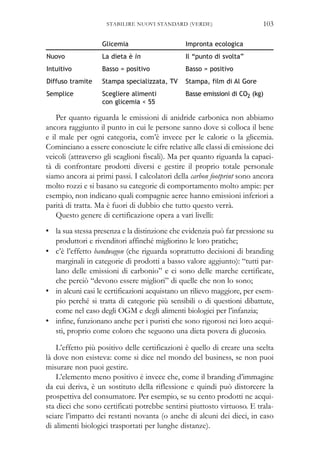 Per quanto riguarda le emissioni di anidride carbonica non abbiamo
ancora raggiunto il punto in cui le persone sanno dove si colloca il bene
e il male per ogni categoria, com’è invece per le calorie o la glicemia.
Cominciano a essere conosciute le cifre relative alle classi di emissione dei
veicoli (attraverso gli scaglioni fiscali). Ma per quanto riguarda la capaci-
tà di confrontare prodotti diversi e gestire il proprio totale personale
siamo ancora ai primi passi. I calcolatori della carbon footprint sono ancora
molto rozzi e si basano su categorie di comportamento molto ampie: per
esempio, non indicano quali compagnie aeree hanno emissioni inferiori a
parità di tratta. Ma è fuori di dubbio che tutto questo verrà.
Questo genere di certificazione opera a vari livelli:
• la sua stessa presenza e la distinzione che evidenzia può far pressione su
produttori e rivenditori affinché migliorino le loro pratiche;
• c’è l’effetto bandwagon (che riguarda soprattutto decisioni di branding
marginali in categorie di prodotti a basso valore aggiunto): “tutti par-
lano delle emissioni di carbonio” e ci sono delle marche certificate,
che perciò “devono essere migliori” di quelle che non lo sono;
• in alcuni casi le certificazioni acquistano un rilievo maggiore, per esem-
pio perché si tratta di categorie più sensibili o di questioni dibattute,
come nel caso degli OGM e degli alimenti biologici per l’infanzia;
• infine, funzionano anche per i puristi che sono rigorosi nei loro acqui-
sti, proprio come coloro che seguono una dieta povera di glucosio.
L’effetto più positivo delle certificazioni è quello di creare una scelta
là dove non esisteva: come si dice nel mondo del business, se non puoi
misurare non puoi gestire.
L’elemento meno positivo è invece che, come il branding d’immagine
da cui deriva, è un sostituto della riflessione e quindi può distorcere la
prospettiva del consumatore. Per esempio, se su cento prodotti ne acqui-
sta dieci che sono certificati potrebbe sentirsi piuttosto virtuoso. E trala-
sciare l’impatto dei restanti novanta (o anche di alcuni dei dieci, in caso
di alimenti biologici trasportati per lunghe distanze).
Glicemia Impronta ecologica
Nuovo La dieta è in Il “punto di svolta”
Intuitivo Basso = positivo Basso = positivo
Diffuso tramite Stampa specializzata, TV Stampa, film di Al Gore
Semplice Scegliere alimenti
con glicemia < 55
Basse emissioni di CO2 (kg)
103STABILIRE NUOVI STANDARD (VERDE)
 