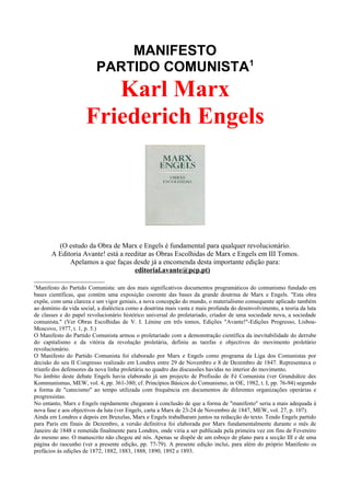 MANIFESTO
PARTIDO COMUNISTA1
Karl Marx
Friederich Engels
(O estudo da Obra de Marx e Engels é fundamental para qualquer re...