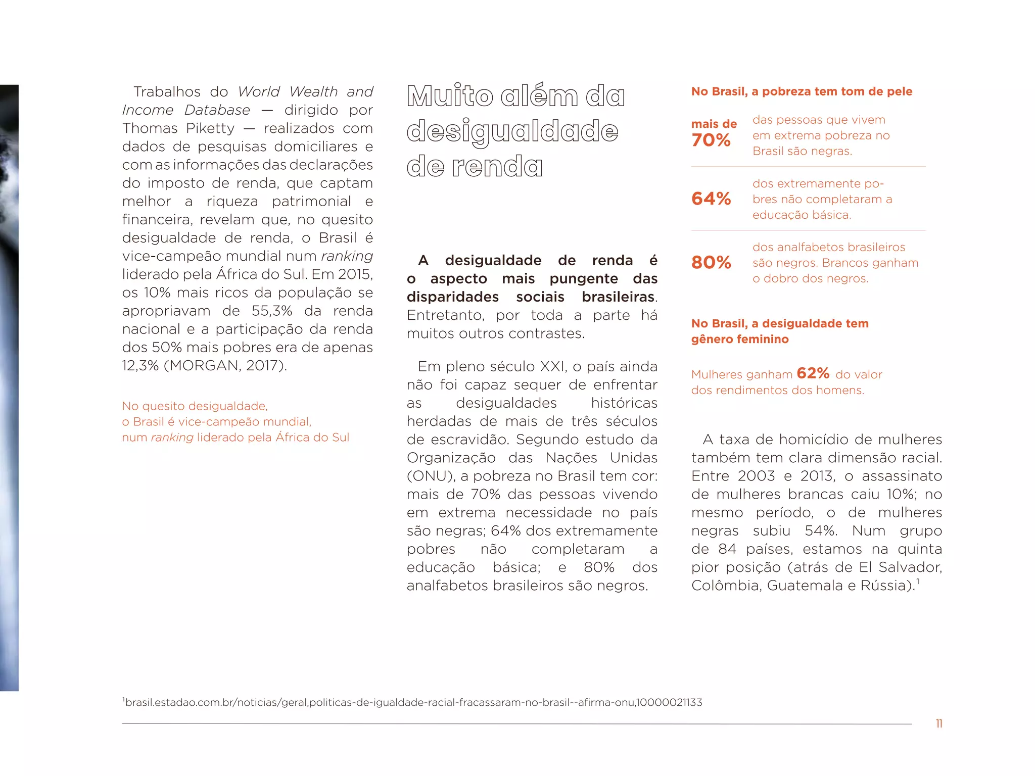 11
Trabalhos do World Wealth and
Income Database — dirigido por
Thomas Piketty — realizados com
dados de pesquisas domiciliares e
com as informações das declarações
do imposto de renda, que captam
melhor a riqueza patrimonial e
financeira, revelam que, no quesito
desigualdade de renda, o Brasil é
vice-campeão mundial num ranking
liderado pela África do Sul. Em 2015,
os 10% mais ricos da população se
apropriavam de 55,3% da renda
nacional e a participação da renda
dos 50% mais pobres era de apenas
12,3% (MORGAN, 2017).
No quesito desigualdade,
o Brasil é vice-campeão mundial,
num ranking liderado pela África do Sul
¹brasil.estadao.com.br/noticias/geral,politicas-de-igualdade-racial-fracassaram-no-brasil--afirma-onu,10000021133
A desigualdade de renda é
o aspecto mais pungente das
disparidades sociais brasileiras.
Entretanto, por toda a parte há
muitos outros contrastes.
Em pleno século XXI, o país ainda
não foi capaz sequer de enfrentar
as desigualdades históricas
herdadas de mais de três séculos
de escravidão. Segundo estudo da
Organização das Nações Unidas
(ONU), a pobreza no Brasil tem cor:
mais de 70% das pessoas vivendo
em extrema necessidade no país
são negras; 64% dos extremamente
pobres não completaram a
educação básica; e 80% dos
analfabetos brasileiros são negros.
A taxa de homicídio de mulheres
também tem clara dimensão racial.
Entre 2003 e 2013, o assassinato
de mulheres brancas caiu 10%; no
mesmo período, o de mulheres
negras subiu 54%. Num grupo
de 84 países, estamos na quinta
pior posição (atrás de El Salvador,
Colômbia, Guatemala e Rússia).¹
No Brasil, a pobreza tem tom de pele
mais de
70%
64%
80%
das pessoas que vivem
em extrema pobreza no
Brasil são negras.
dos extremamente po-
bres não completaram a
educação básica.
No Brasil, a desigualdade tem
gênero feminino
Mulheres ganham 62% do valor
dos rendimentos dos homens.
dos analfabetos brasileiros
são negros. Brancos ganham
o dobro dos negros.
 