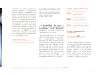 11
Trabalhos do World Wealth and
Income Database — dirigido por
Thomas Piketty — realizados com
dados de pesquisas domiciliares e
com as informações das declarações
do imposto de renda, que captam
melhor a riqueza patrimonial e
financeira, revelam que, no quesito
desigualdade de renda, o Brasil é
vice-campeão mundial num ranking
liderado pela África do Sul. Em 2015,
os 10% mais ricos da população se
apropriavam de 55,3% da renda
nacional e a participação da renda
dos 50% mais pobres era de apenas
12,3% (MORGAN, 2017).
No quesito desigualdade,
o Brasil é vice-campeão mundial,
num ranking liderado pela África do Sul
¹brasil.estadao.com.br/noticias/geral,politicas-de-igualdade-racial-fracassaram-no-brasil--afirma-onu,10000021133
A desigualdade de renda é
o aspecto mais pungente das
disparidades sociais brasileiras.
Entretanto, por toda a parte há
muitos outros contrastes.
Em pleno século XXI, o país ainda
não foi capaz sequer de enfrentar
as desigualdades históricas
herdadas de mais de três séculos
de escravidão. Segundo estudo da
Organização das Nações Unidas
(ONU), a pobreza no Brasil tem cor:
mais de 70% das pessoas vivendo
em extrema necessidade no país
são negras; 64% dos extremamente
pobres não completaram a
educação básica; e 80% dos
analfabetos brasileiros são negros.
A taxa de homicídio de mulheres
também tem clara dimensão racial.
Entre 2003 e 2013, o assassinato
de mulheres brancas caiu 10%; no
mesmo período, o de mulheres
negras subiu 54%. Num grupo
de 84 países, estamos na quinta
pior posição (atrás de El Salvador,
Colômbia, Guatemala e Rússia).¹
No Brasil, a pobreza tem tom de pele
mais de
70%
64%
80%
das pessoas que vivem
em extrema pobreza no
Brasil são negras.
dos extremamente po-
bres não completaram a
educação básica.
No Brasil, a desigualdade tem
gênero feminino
Mulheres ganham 62% do valor
dos rendimentos dos homens.
dos analfabetos brasileiros
são negros. Brancos ganham
o dobro dos negros.
 