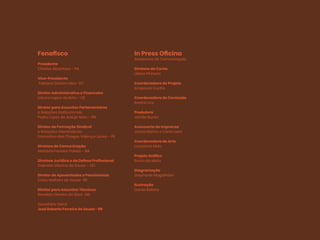 Fenafisco
Presidente
Charles Alcantara – PA
Vice-Presidente
Fabiano Dadam Nau- SC
Diretor Administrativo e Financeiro
Liduíno Lopes de Brito – CE
Diretor para Assuntos Parlamentares
e Relações Institucionais
Pedro Lopes de Araújo Neto – RN
Diretor de Formação Sindical
e Relações Intersindicais
Francelino das Chagas Valença Junior – PE
Diretora de Comunicação
Marlúcia Ferreira Paixão – BA
Diretora Jurídica e de Defesa Profissional
Gabriela Vitorino de Sousa – GO
Diretor de Aposentados e Pensionistas
Celso Malhani de Souza- RS
Diretor para Assuntos Técnicos
Ronaldo Oliveira da Silva- MA
Secretário Geral
José Roberto Ferreira de Souza - RR
In Press Oficina
Assessoria de Comunicação
Diretora da Conta
Liliane Pinheiro
Coordenadora de Projeto
Anapaula Cunha
Coordenadora de Conteúdo
Beatriz Lins
Produtora
Jamile Nunes
Assessoria de Imprensa
Joana Marins e Carol Laert
Coordenadora de Arte
Lucyanna Melo
Projeto Gráfico
Bruno da Mata
Diagramação
Stephanie Magalhães
Ilustração
Daniel Batista
 