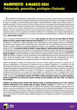 8 MARZO 2024
MANIFIESTO
Patriarcado, genocidios, privilegios #SeAcabó
La mañana del 1 de febrero, en Barcelona, una mujer ...