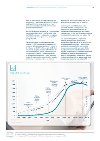 48
Esta es precisamente la tendencia actual: las
aplicaciones y servicios propietarios en Internet
están sustituyendo progresivamente a las
comunicaciones basadas en la interconexión
y en estándares abiertos.
En 2012 se enviaron alrededor de 11.000 millones
de mensajes SMS al día y casi el doble, más
de 19.000 millones, a través de las principales
aplicaciones de mensajería en su conjunto23
(ver gráﬁco 14).
Se calcula que en 2013 se habrán enviado
más de 41.000 millones de mensajes diarios
mediante aplicaciones propietarias y menos de
la mitad, unos 20.000 millones, por SMS. En la
actualidad, Skype cuenta con 280 millones de
usuarios mensuales activos y WhatsApp con
300 millones24. Debido a los efectos de red,
la falta de interoperabilidad y a sus reducidos
costes de crecimiento, estos servicios basados
en Internet pueden expandirse de manera
Telefónica Maniﬁesto Digital. Por una Internet abierta y segura para todos
Tráﬁco SMS (en millones)
Fuente: Portio Research Ltd.
E-Esperado/Previsto
9.000
Tráﬁco
alcanzado 500
millones
1: Fase de desarrollo
2:Fasedecrecim
iento
rápido
3: Fase de
estancamiento
Tráﬁco
alcanzado
100.000
millones
Tráﬁco
alcanzado
450.000
millones
Tráﬁco supera
1 billón
(1.000.000
millones)
Tráﬁco supera
5 billones
Tráﬁco máximo
anual 8,3 billones
8.000
7.000
6.000
5.000
4.000
3.000
2.000
1.000
0
1993 1995 1997 1999 2001 2003
Año
2005 2007 2009 2011 2013E 2015E 2017E
4:Fasededeclive
15
23.- Informa, VoIP and IP messaging: Operator strategies to combat the threat from OTT players, 2013.
24.- MobileSquared, OTT services blow up the mobile universe. Operators must act now, septiembre 2013.
exponencial, sobre todo una vez que se ha
alcanzado una masa crítica de usuarios.
La mensajería por SMS también está
creciendo, muchas veces gracias a las
innovadoras tarifas impulsadas por las
operadoras de telefonía móvil, pero parece
haber entrado en una fase de estancamiento e
incluso de declive potencial (ver gráﬁco 15).
Los responsables políticos y reguladores
deberían tener en cuenta estas nuevas
tendencias, concentrándose así en la promoción
de estándares internacionales y abiertos para
posibilitar la interconexión. De este modo los
consumidores conseguirán una mayor libertad
al poder comunicarse entre distintos servicios
digitales, favoreciéndose la competencia y evitando
posiciones de dominancia de determinados
servicios propietarios por efectos de red. A su vez,
redundaría positivamente en la experiencia digital
de los consumidores (ver caso práctico 12).
 