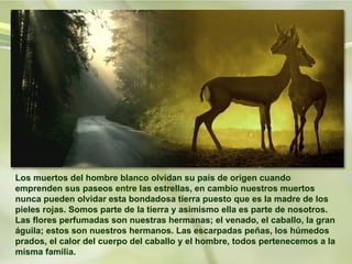 Los muertos del hombre blanco olvidan su país de origen cuando emprenden sus paseos entre las estrellas, en cambio nuestros muertos nunca pueden olvidar esta bondadosa tierra puesto que es la madre de los pieles rojas. Somos parte de la tierra y asimismo ella es parte de nosotros. Las flores perfumadas son nuestras hermanas; el venado, el caballo, la gran águila; estos son nuestros hermanos. Las escarpadas peñas, los húmedos prados, el calor del cuerpo del caballo y el hombre, todos pertenecemos a la misma familia.   