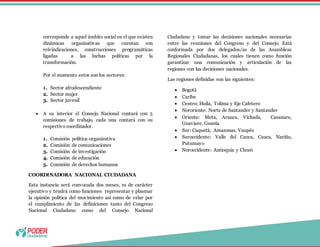 corresponde a aquel ámbito social en el que existen
dinámicas organizativas que cuentan con
reivindicaciones, construcciones programáticas
ligadas a las luchas políticas por la
transformación.
Por el momento estos son los sectores:
1. Sector afrodescendiente
2. Sector mujer
3. Sector juvenil
 A su interior el Consejo Nacional contará con 5
comisiones de trabajo, cada una contará con su
respectivo coordinador.
1. Comisión política-organizativa
2. Comisión de comunicaciones
3. Comisión de investigación
4. Comisión de educación
5. Comisión de derechos humanos
COORDINADORA NACIONAL CIUDADANA
Esta instancia será convocada dos meses, es de carácter
ejecutivo y tendrá como funciones representar y plasmar
la opinión política del movimiento así como de velar por
el cumplimiento de las definiciones tanto del Congreso
Nacional Ciudadano como del Consejo Nacional
Ciudadano y tomar las decisiones nacionales necesarias
entre las reuniones del Congreso y del Consejo. Está
conformada por dos delegados/as de las Asambleas
Regionales Ciudadanas, los cuales tienen como función
garantizar una comunicación y articulación de las
regiones con las decisiones nacionales.
Las regiones definidas son las siguientes:
 Bogotá
 Caribe
 Centro: Huila, Tolima y Eje Cafetero
 Nororiente: Norte de Santander y Santander
 Oriente: Meta, Arauca, Vichada, Casanare,
Guaviare, Guanía
 Sur: Caquetá, Amazonas, Vaupés
 Suroccidente: Valle del Cauca, Cauca, Nariño,
Putumayo
 Noroccidente: Antioquia y Chocó
 