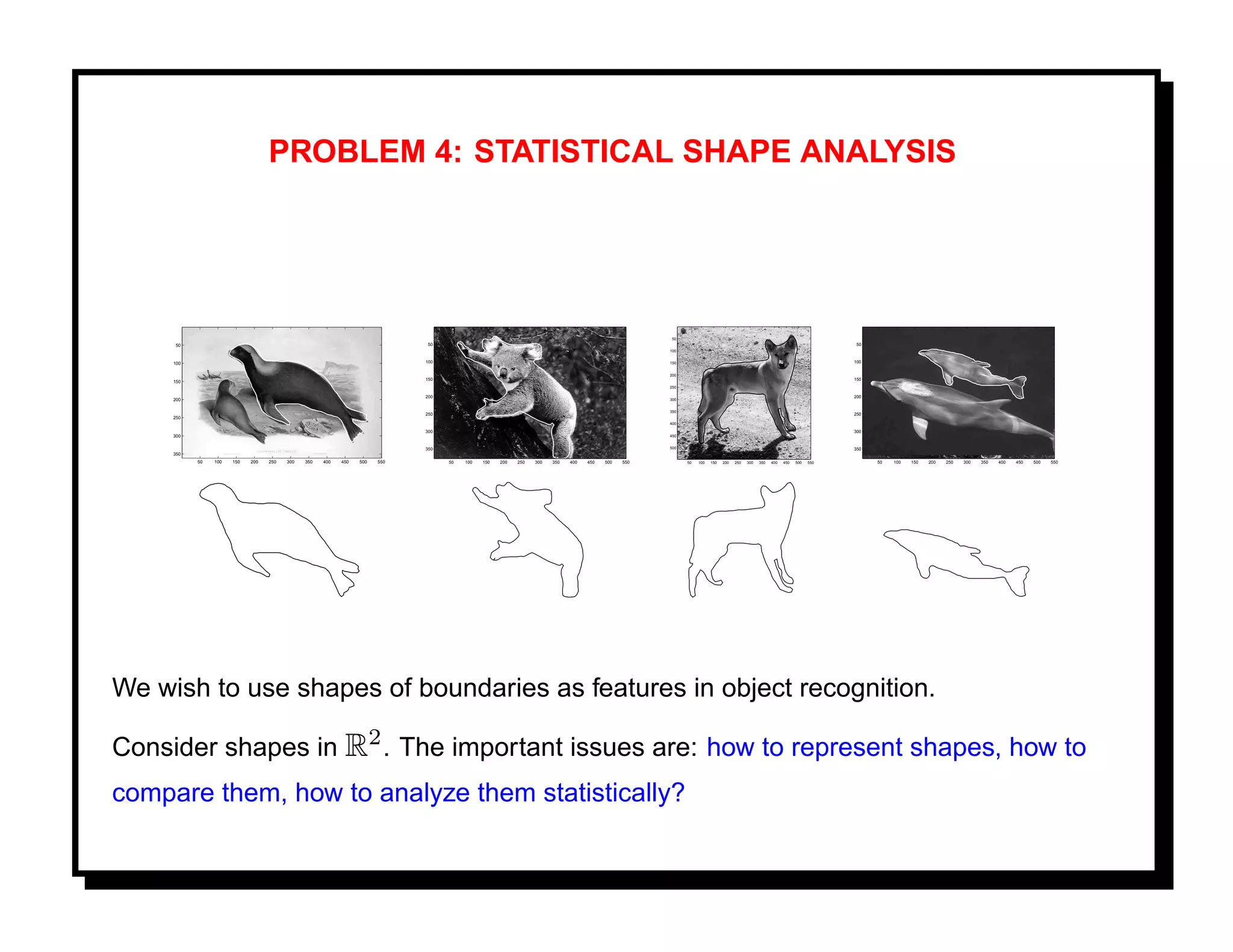 PROBLEM 4: STATISTICAL SHAPE ANALYSIS




                                                                                                                                                    50
      50                                                                     50                                                                                                                                            50
                                                                                                                                                   100


     100                                                                    100                                                                    150                                                                    100


                                                                                                                                                   200
                                                                            150                                                                                                                                           150
     150
                                                                                                                                                   250

                                                                            200                                                                                                                                           200
     200                                                                                                                                           300


                                                                                                                                                   350
                                                                            250                                                                                                                                           250
     250
                                                                                                                                                   400

                                                                            300                                                                                                                                           300
     300                                                                                                                                           450


                                                                            350                                                                    500                                                                    350
     350
           50   100   150   200   250   300   350   400   450   500   550         50   100   150   200   250   300   350   400   450   500   550         50   100   150   200   250   300   350   400   450   500   550         50   100   150   200   250   300   350   400   450   500   550




We wish to use shapes of boundaries as features in object recognition.

Consider shapes in R2 . The important issues are: how to represent shapes, how to
compare them, how to analyze them statistically?
 