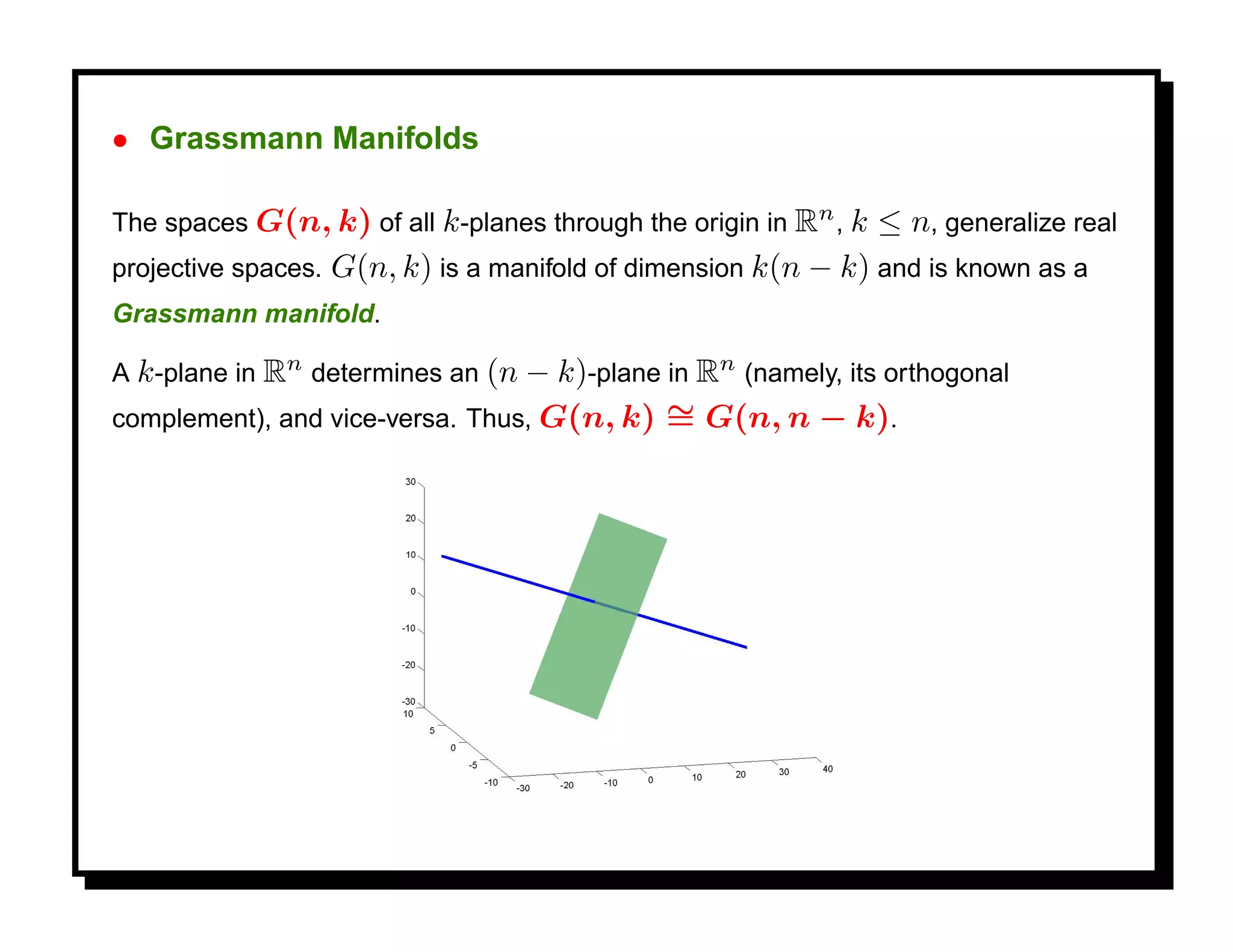 • Grassmann Manifolds

The spaces G(n, k) of all k -planes through the origin in Rn , k   ≤ n, generalize real
projective spaces.   G(n, k) is a manifold of dimension k(n − k) and is known as a
Grassmann manifold.

A k -plane in Rn determines an (n − k)-plane in Rn (namely, its orthogonal
complement), and vice-versa. Thus, G(n, k)      ∼ G(n, n − k).
                                                =
 