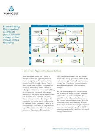 Example Strategy                                      GROwTh                               CUSTOMER MANAGEMENT                            MANAGE COSTS & RISk


Map assembled                 FINANCIAL
                                                                                           Increase
                                                                                       shareholder value
                                                                                                           P

                                                                                                           R

according to
                                            Grow income in key P                                                                                     Achieve the lowest P
                                                segments                                                         Increase average P                 cost of funds & cost
                                                               R                                                  share of wallet                  to serve in the industry R

growth, customer                                                                                                                  R



management and
                              CUSTOMER




                                                       “ Provide me with
                                                                               P                   “ Be my valued,       P               “Provide me with low P
                                                        good value and

manage costs &                                       innovative financial
                                                          solutions”           R
                                                                                                   trusted Financial
                                                                                                      Provider”          R
                                                                                                                                          cost, convenient
                                                                                                                                              services”       R


risk themes
                                                                   Drive           P                                              P
                                                                                                                 Target exsisting
                                                                execution of
                             PROCESSES




                                                                                   R                             customers with R
                              INTERNAL




                                                                 the sales                                                                          P
                                                                                   C                              new offering C      Manage the
                                                                 process
                                                                                                                                      balance of    R
                                                        P                                 Develop a        P                                              Reduce cost by    P
                                           Build market                                                                                funding      C
                                                                                          360 view of                                                     exploiting online
                                          awareness by R                                                   R                                                                R
                                                                                          customers                                                      channel & reducing
                                            segment     C                                                  C                                              branch network C
                             LEARNING &
                              GROwTh




                                                     Manage our      P                                                   P                                        P
                                                                                                 Re-skill our staff to                             Develop a
                                                  information as a   R                           sell & support total    R                                        R
                                                   strategic asset                                                                            performance focused
                                                                     C                            financial solutions    C                          culture       C




                   Role of Risk Appetite in Strategy Setting

                   While distilling the strategy into a handful of                                             risk–taking the organization is also providing an
                   strategic objectives with supporting indicators,                                            answer to the strategy questions of “What are the
                   etc., is very important, to borrow from Harvard                                             key threats and opportunities (Risks) related to our
                   Business School Professor Dr Michael Porter (a                                              strategy,” and “What are the strategic boundaries
                   noted thought leader in strategy formulation and                                            within which management teams can execute
                   execution), it is necessary but not sufficient in                                           strategy.”
                   today’s post credit crunch environment. In addition,
                                                                                                               The role of risk appetite at this stage is to ensure
                   the strategy setting stage should deliver a clear
                                                                                                               that the agreed-on strategic objectives and targets
                   articulation of risk appetite and key risks associated
                                                                                                               are defined at a level which is aligned to the
                   with the chosen set of objectives. This enables
                                                                                                               acceptable level of risk, as defined by the board.
                   the executive team to set out the strategy to the
                                                                                                               The executive team might also consider slicing the
                   organization in a way that goes beyond answering
                                                                                                               strategy into themes and consider risk by theme:
                   the traditional strategy questions of “What are we
                                                                                                               this has a powerful effect in ensuring that objectives
                   going to achieve?” and “What are our performance
                                                                                                               and performance targets are set at levels that do
                   targets?” By setting out the risks to the successful
                                                                                                               not promote unacceptable levels of risk taking, and
                   execution of the strategy and boundaries for
                                                                                                               unacceptable behaviours.




                    10                                                                         EMBEDDING RISK APPETITE WITHIN THE STRATEGY PROCESS
 